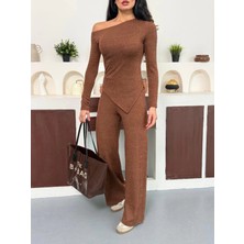 Asfa Moda Kahverengi Kayık Yaka Asimetrit Kesim Bluz Ispanyol Paça Pantolon Ikili Takım
