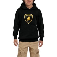 Zepplin Giyim Lamborghni Logo 2 Siyah Çocuk Kapşonlu Sweatshirt