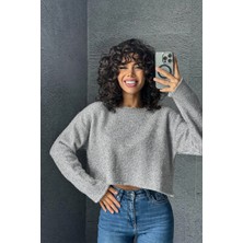 Vireo Club Kadın Gri Gümüş Simli Crop Kazak