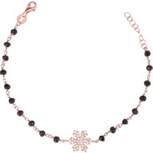 Emiliano Jewellery Zirkon Taşlı Pırlanta Montür Rose Altın Kaplama Siyah Rosary Papatya Gümüş Bileklik