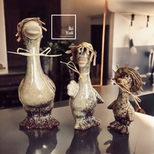 İki Yedi Konsept Polly 77-2 Seramik Ördek Ailesi Biblo Seti Hasır Şapkalı Sevimli Hayvan Figürleri, Country Stil Ev