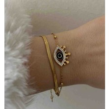 Güneş Takı Gold Italyan Zincir Ikili Zincir Göz Detaylı Çelik Bileklik