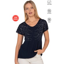 Özkan Underwear Özkan 25908 Kadın Vorteks Viskon Premium Kumaş Taş Detaylı Likralı Kısa Kollu Örme Bluz