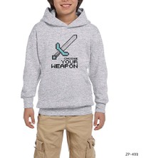 Zepplin Giyim Mine-Craft Choose Your Weapon Gri Çocuk Kapşonlu Sweatshirt