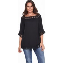 Zer Otantik Çiçek Motif Dantelli Büyük Beden Bluz Siyah