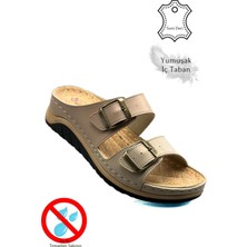 Sermoda Çift Bant Tokalı Yumuşak ve Hafif Kalın Tabanlı Kadın Terlik Spor Terlik 521/1 Pudra Vizon