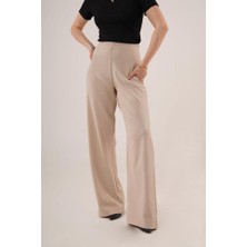 Mareandpanda Bol Paça Yandan Fermuarlı Krem Kumaş Pantolon