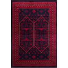 Akbel Halı Herat Her 01 Navy - Nostaljik Afgan Desenli İnce Viskon Makine Halısı Kaymaz Tabanlı Sık Dokuma