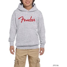 Zepplin Giyim Fender Logo 2 Gri Çocuk Kapşonlu Sweatshirt