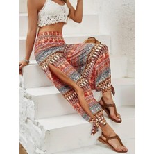 Mareandpanda Kadın Yüksek Belli Yanlardan Yırtmaç Detaylı Desenli Bürümcük Pantolon