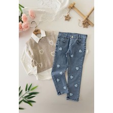 Miniğimin Cicileri Kalp Panç Işleme Detaylı Süveterli 3 lü takım - Bej