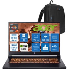 Acer Nitro V17 ANV17 Aı Amd Ryzen™ 7 260 80GB Ddr5 512GB SSD 8GB/RTX5070 85W 17.3"wqxga 2560X1440 165Hz IPS WIN11PRO Gaming Bilgisayar. NHQZKEY001P22+ZETTAÇANTA