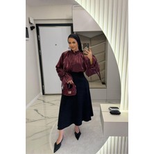 Megapol Giyim Kadın Siyah Dabıl Kumaş Beli Lastikli Kloş Etek