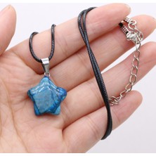 İpar Aksesuar Derili Mavi Akik Döğal Taşli Yıldız Uçlu Kolye