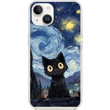TechTree iPhone 13 - 14 Uyumlu Gece Yarısı Kedi Tasarımlı Baskılı Silikon Kılıf
