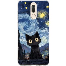 TechTree Huawei Mate 10 Lite Uyumlu Gece Yarısı Kedi Tasarımlı Baskılı Silikon Kılıf