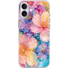 TechTree iPhone 16 Plus Uyumlu Renkli Çiçekler Sulu Boya Baskılı Silikon Kılıf