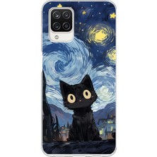 TechTree Samsung Galaxy A12 - M12 Uyumlu Gece Yarısı Kedi Tasarımlı Baskılı Silikon Kılıf