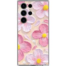 TechTree Samsung Galaxy S24 Ultra Uyumlu Pembe Beyaz Çiçekler Sulu Boya Baskılı Silikon Kılıf