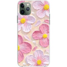 TechTree iPhone 11 Pro Max Uyumlu Pembe Beyaz Çiçekler Sulu Boya Baskılı Silikon Kılıf