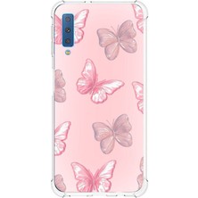 TechTree Samsung Galaxy A7 2018 Uyumlu Pembe Kelebekler Baskılı Silikon Kılıf