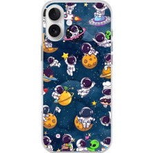 TechTree iPhone 16 Plus Uyumlu Minik Astronotlar Uzayda Baskılı Silikon Kılıf