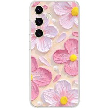 TechTree Samsung Galaxy S24 Uyumlu Pembe Beyaz Çiçekler Sulu Boya Baskılı Silikon Kılıf