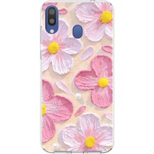 TechTree Samsung Galaxy M20 Uyumlu Pembe Beyaz Çiçekler Sulu Boya Baskılı Silikon Kılıf