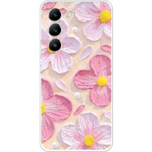 TechTree Vivo V30 Lite Uyumlu Pembe Beyaz Çiçekler Sulu Boya Baskılı Silikon Kılıf