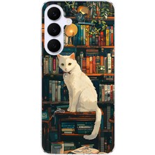 TechTree Samsung Galaxy S25 Fe Uyumlu Kitaplık Beyaz Kedi Tasarımlı Baskılı Silikon Kılıf