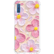 TechTree Samsung Galaxy A7 2018 Uyumlu Pembe Beyaz Çiçekler Sulu Boya Baskılı Silikon Kılıf