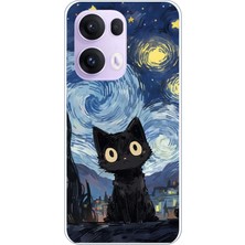 TechTree Oppo Reno 13 Pro Uyumlu Gece Yarısı Kedi Tasarımlı Baskılı Silikon Kılıf