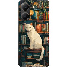 TechTree Poco X7 Pro Uyumlu Kitaplık Beyaz Kedi Tasarımlı Baskılı Silikon Kılıf