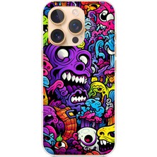TechTree iPhone 16 Pro Uyumlu Psikodeli Renkli Canavarlar Baskılı Silikon Kılıf
