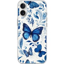 TechTree iPhone 16 Plus Uyumlu Mavi Kelebekler Baskılı Silikon Kılıf