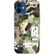 TechTree iPhone 12 Mini Uyumlu Yeşil Estetik Pano Kolaj Baskılı Silikon Kılıf