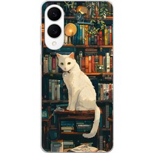 TechTree Samsung Galaxy S25 Edge Uyumlu Kitaplık Beyaz Kedi Tasarımlı Baskılı Silikon Kılıf
