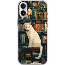 TechTree iPhone 16 Plus Uyumlu Kitaplık Beyaz Kedi Tasarımlı Baskılı Silikon Kılıf
