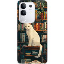 TechTree Vivo Y29 Uyumlu Kitaplık Beyaz Kedi Tasarımlı Baskılı Silikon Kılıf