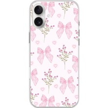 TechTree iPhone 16 Plus Uyumlu Pembe Çiçek ve Fiyonklar Baskılı Silikon Kılıf