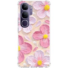 TechTree Vivo V40 Lite Uyumlu Pembe Beyaz Çiçekler Sulu Boya Baskılı Silikon Kılıf
