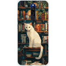 TechTree Redmi 8 Uyumlu Kitaplık Beyaz Kedi Tasarımlı Baskılı Silikon Kılıf