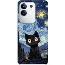 TechTree Vivo Y29 Uyumlu Gece Yarısı Kedi Tasarımlı Baskılı Silikon Kılıf