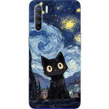 TechTree Oppo Reno 3 - A91 Uyumlu Gece Yarısı Kedi Tasarımlı Baskılı Silikon Kılıf