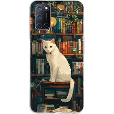 TechTree Oppo A52-A72-A92 Uyumlu Kitaplık Beyaz Kedi Tasarımlı Baskılı Silikon Kılıf