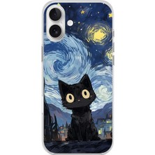 TechTree iPhone 16 Plus Uyumlu Gece Yarısı Kedi Tasarımlı Baskılı Silikon Kılıf