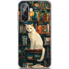 TechTree Samsung Galaxy A56 Uyumlu Kitaplık Beyaz Kedi Tasarımlı Baskılı Silikon Kılıf