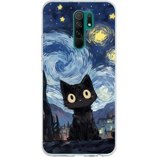 TechTree Redmi 9 Uyumlu Gece Yarısı Kedi Tasarımlı Baskılı Silikon Kılıf