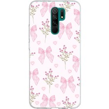 TechTree Redmi 9 Uyumlu Pembe Çiçek ve Fiyonklar Baskılı Silikon Kılıf