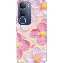 TechTree Vivo Y19S Uyumlu Pembe Beyaz Çiçekler Sulu Boya Baskılı Silikon Kılıf